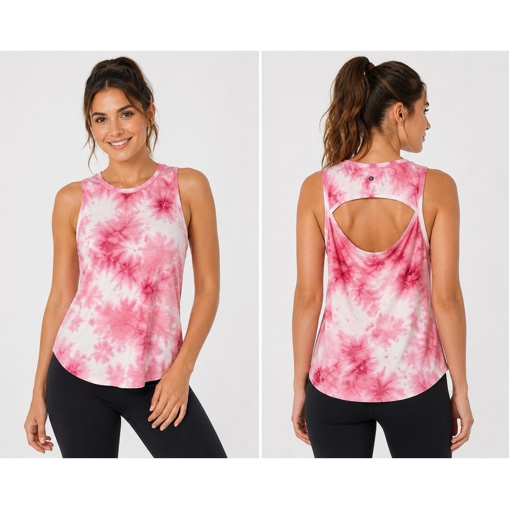 90 Degree By Reflex Pink Tie Dye Open Back Tank Top Women's L Yoga Workout Gym